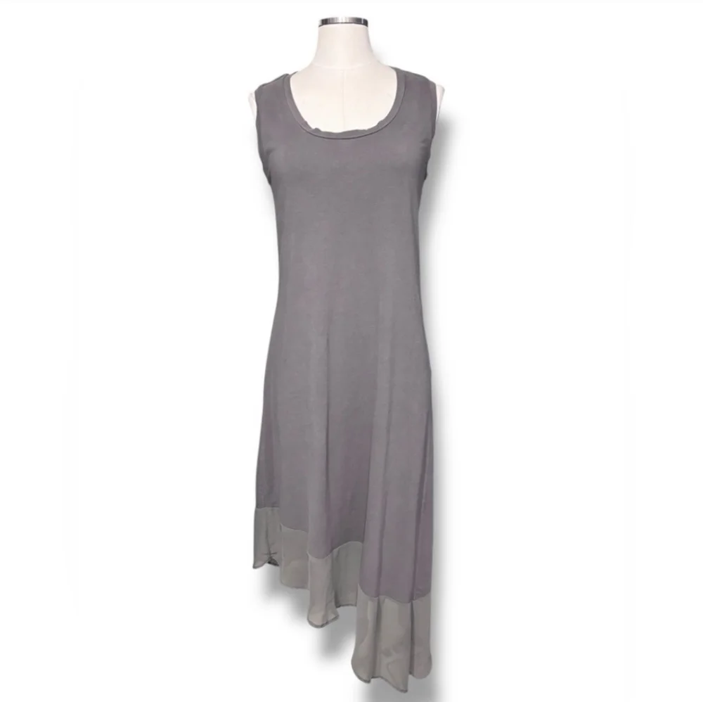 TOMMY BAHAMA Grey Knit & Chiffon Scoop Neck Sleeveless Dress Asymmetrical Hem